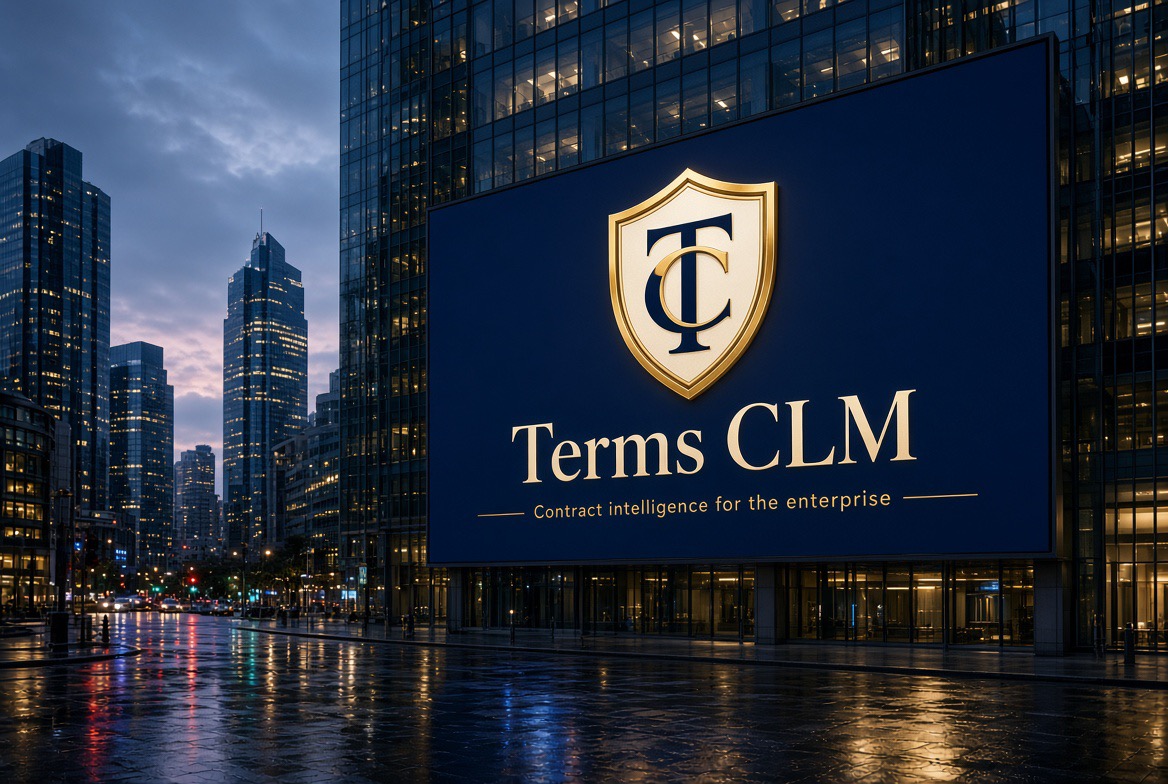 Terms CLM brand on a city billboard at dusk