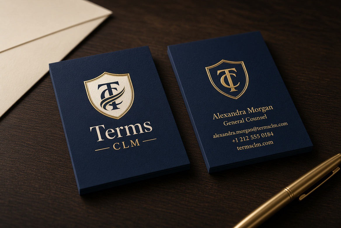 Terms CLM business cards with the TC shield mark